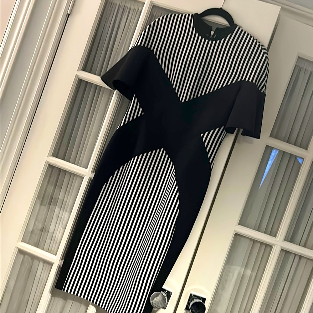 Gorgeous black and white striped dress with a black “X” design and gold zipper.